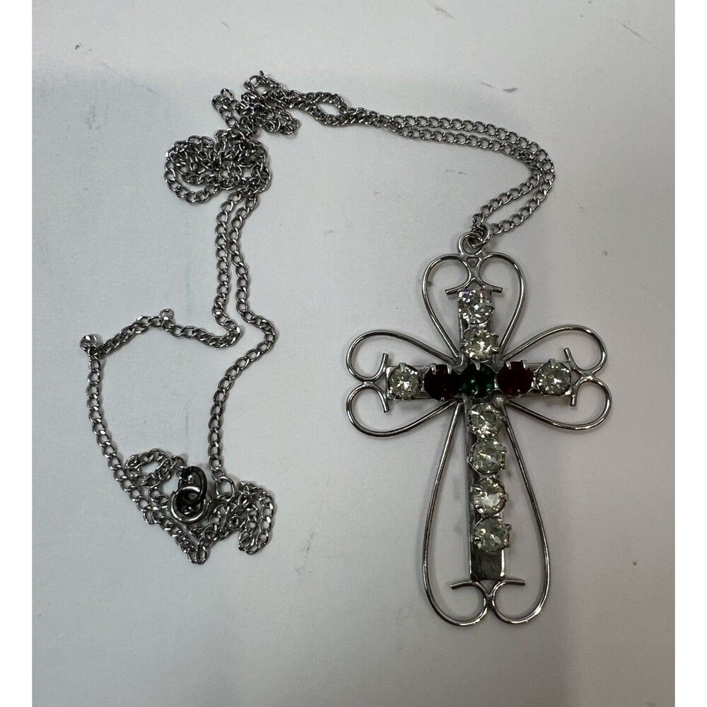 Sterling Silver Filigree Cross Pendant Necklace, 22” Multi Stone DCE Red Green